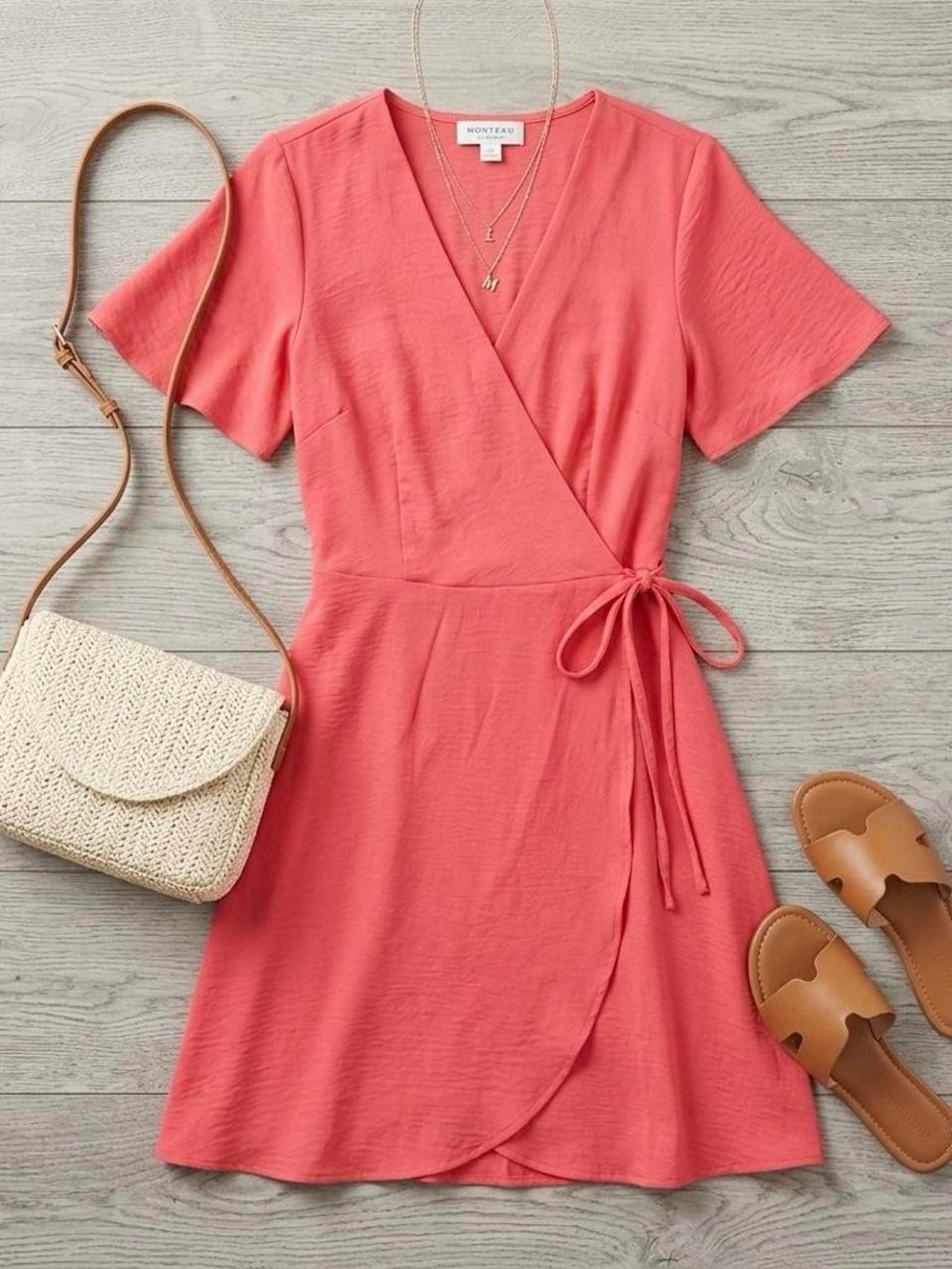 Monteau Coral Pink Short Sleeve Wrap Dress